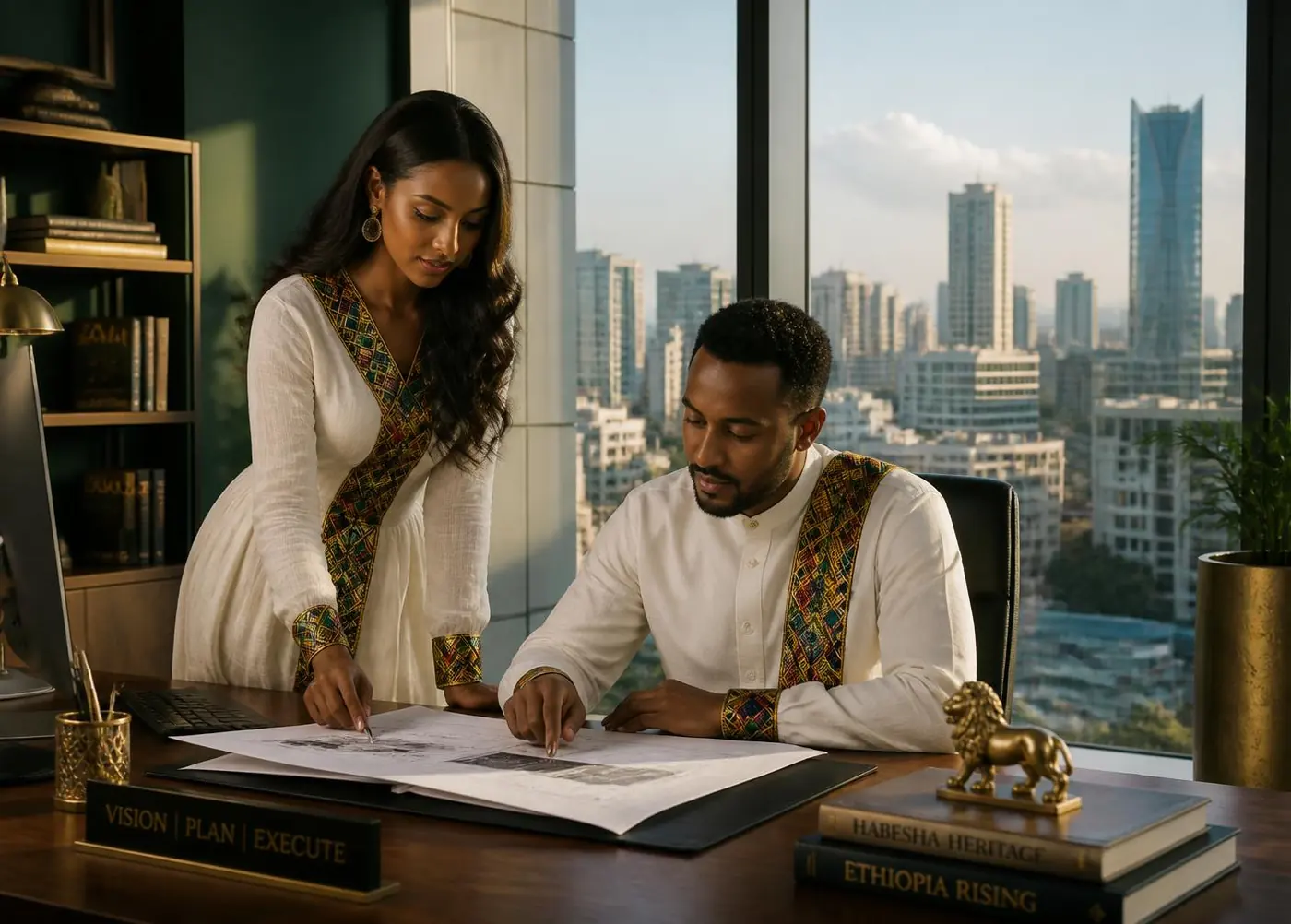 Young Ethiopian professionals in habesha kemis attire working in a modern Addis Ababa office
