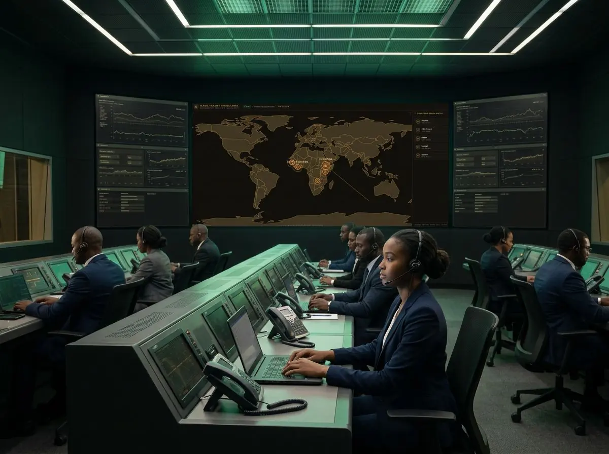 African operators in business attire at consoles in a mission-control room, watching a wall screen showing Helloopass country operations
