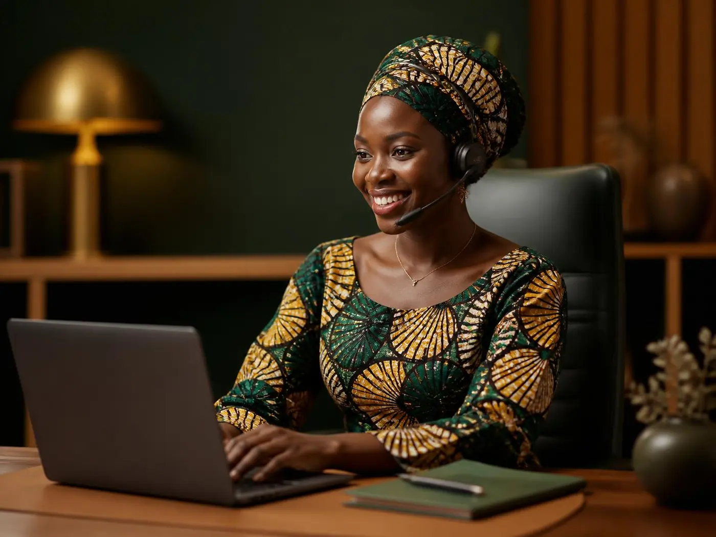 A young Congolese woman in traditional attire at her desk, ready to answer enquiries