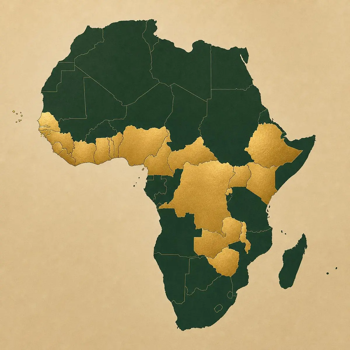 Map of Africa with the twenty countries where Helloopass will operate by 2028 highlighted in gold