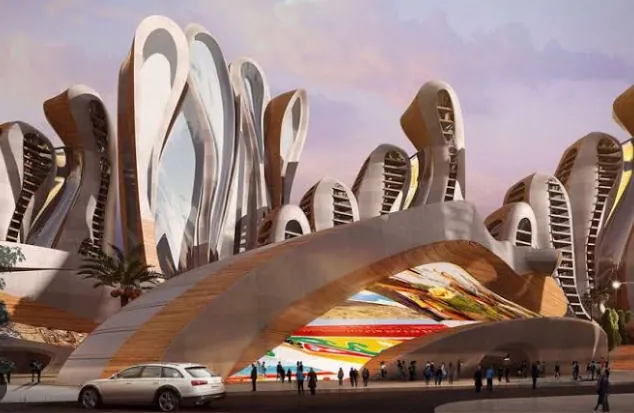 Futuristic African city architecture with sculptural towers at dusk