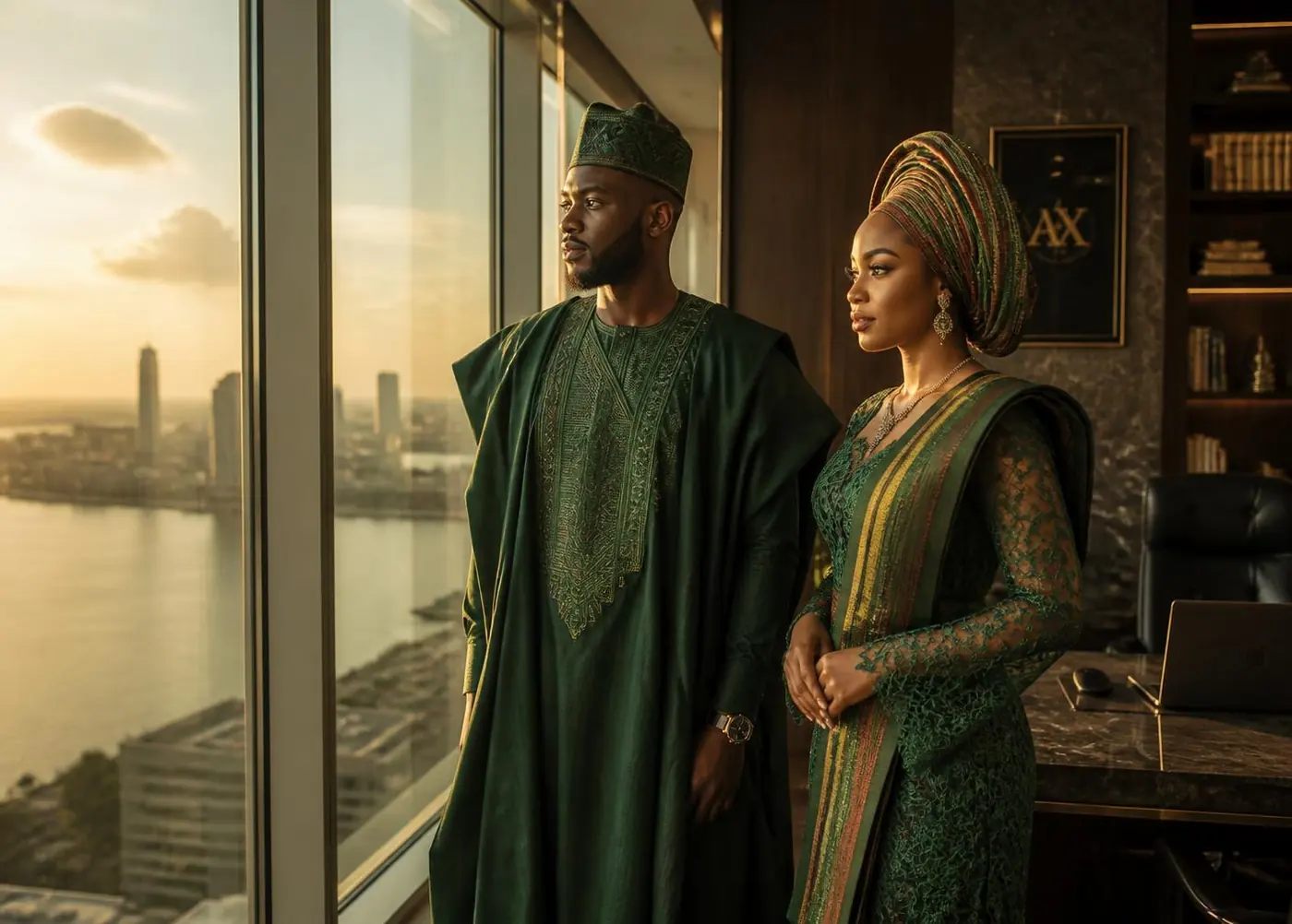 Young Nigerian professionals in traditional agbada and gele in a high-rise office overlooking Lagos