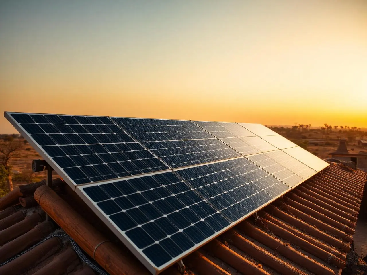Solar panels installed on a rooftop in Africa at golden hour