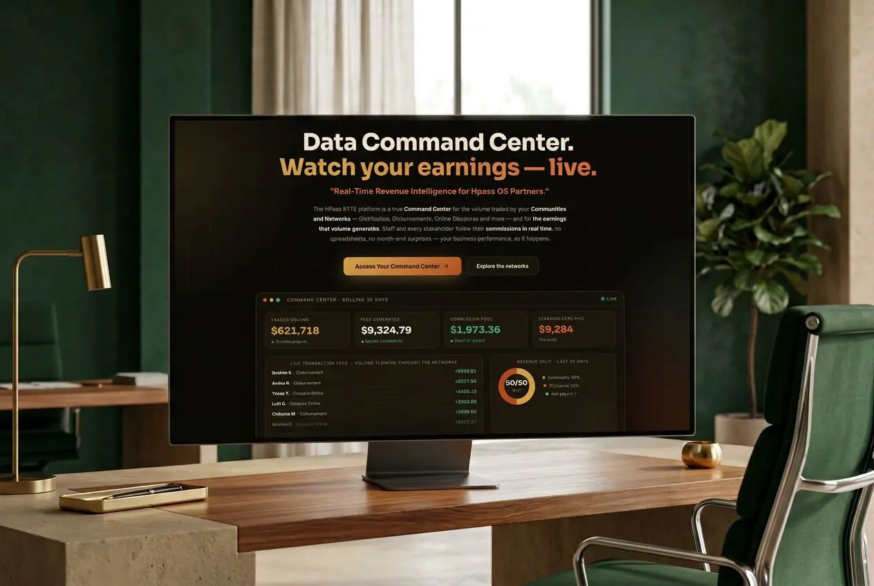 The Helloopass Data Command Center dashboard displayed on a desktop screen in a modern office